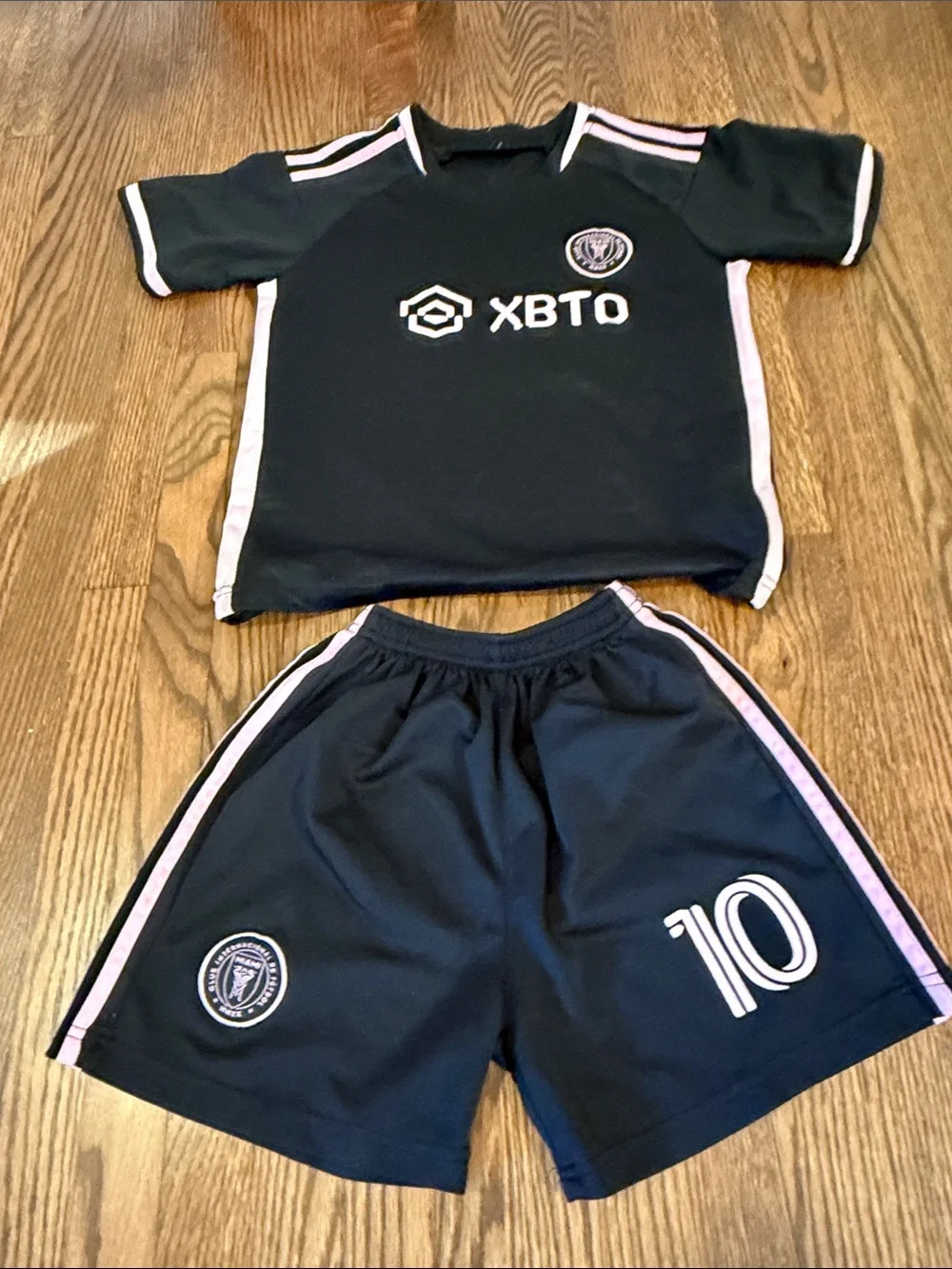 XBTO Kids Messi Black Soccer Jersey & Shorts Set with Pink Trim Size 24